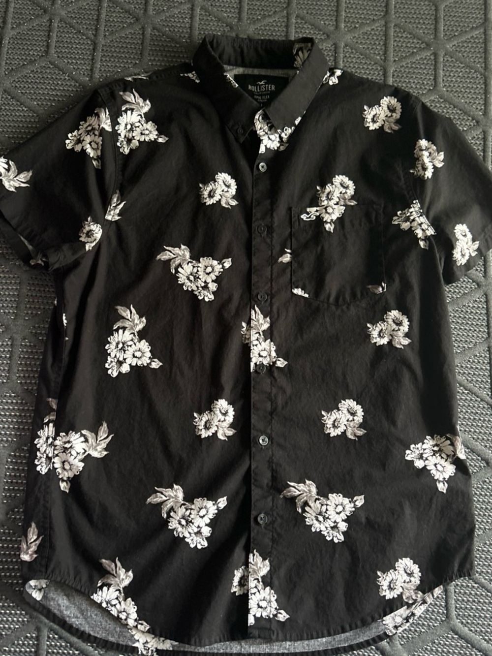 Hollister Black Short-Sleeve Button-Down with White Floral Pattern